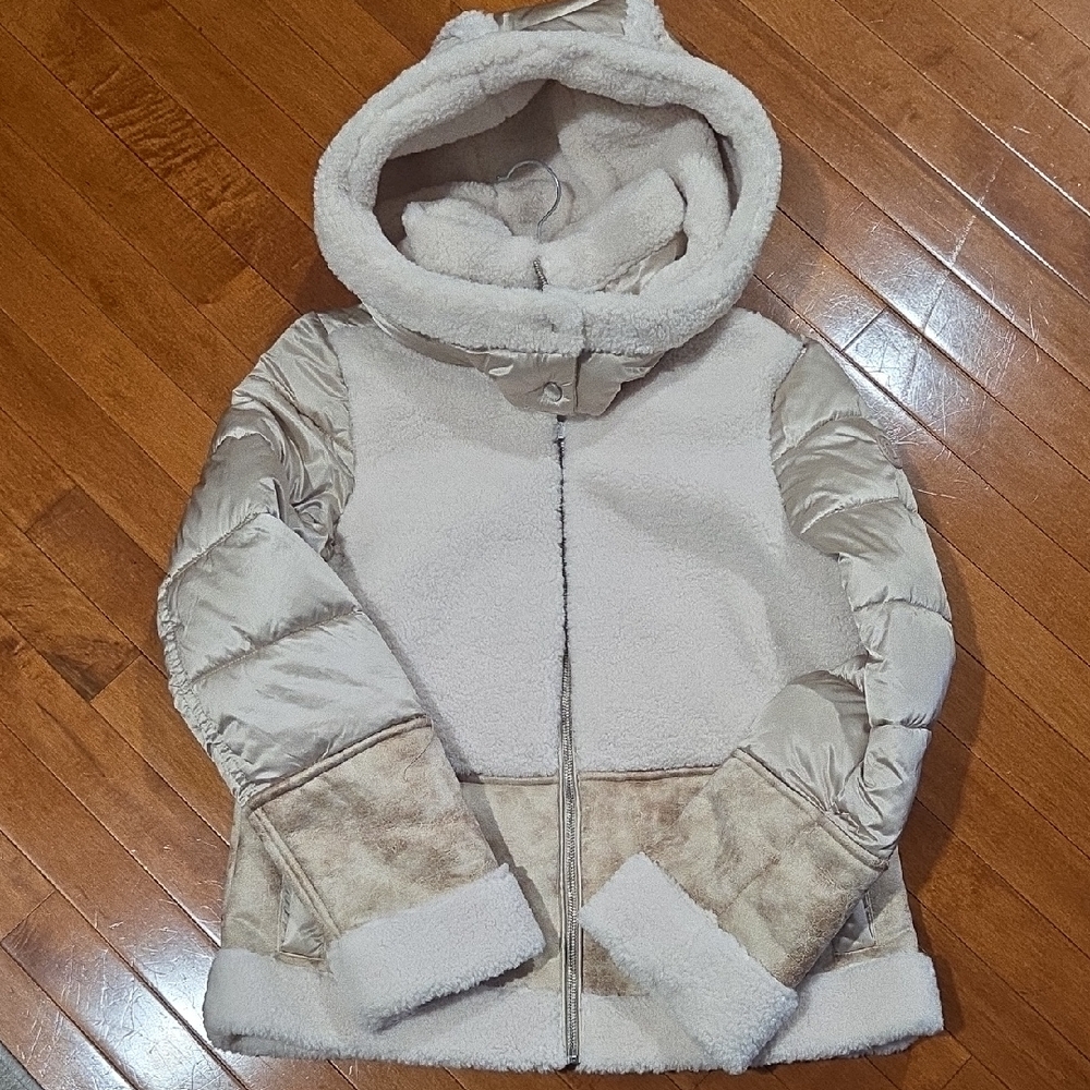 French Connection Cream and Tan Puffer Jacket New